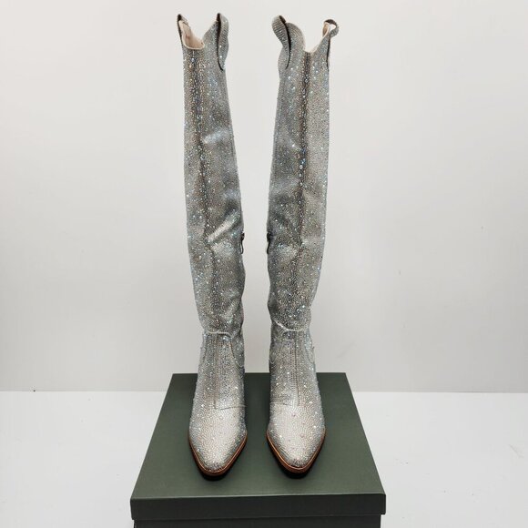 Rhinestone Embellished Silver Western Style Knee-High Boots Block Heel Size 6 - Picture 11 of 12